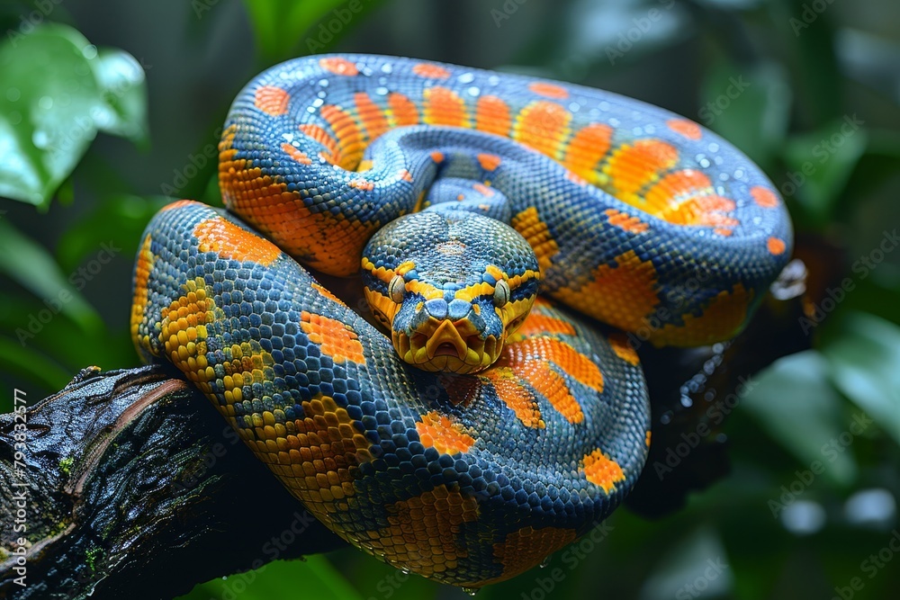 Burmese Python: Coiled around a tree branch with a distinctive pattern, representing exoticism. Burmese Python: Coiled around a tree branch with a distinctive pattern, representing exoticism.