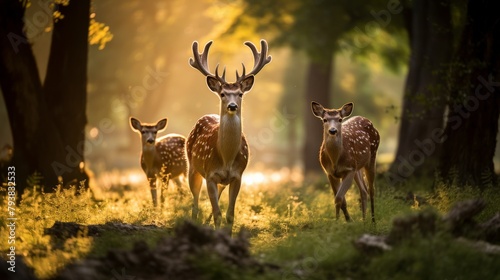 A herd of deer peacefully gathered in the forest  standing together in unity
