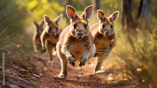 A collection of kangaroos galloping energetically down a dusty rural path in the Australian outback