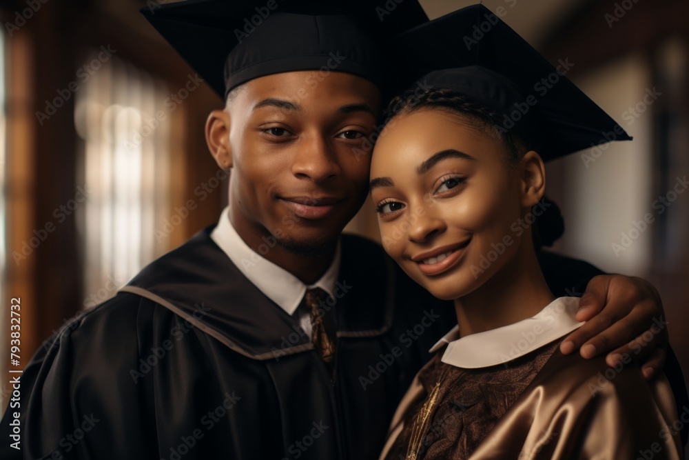 Fototapeta premium A young black couple in graduation gowns graduate. Two happy smiling university graduates