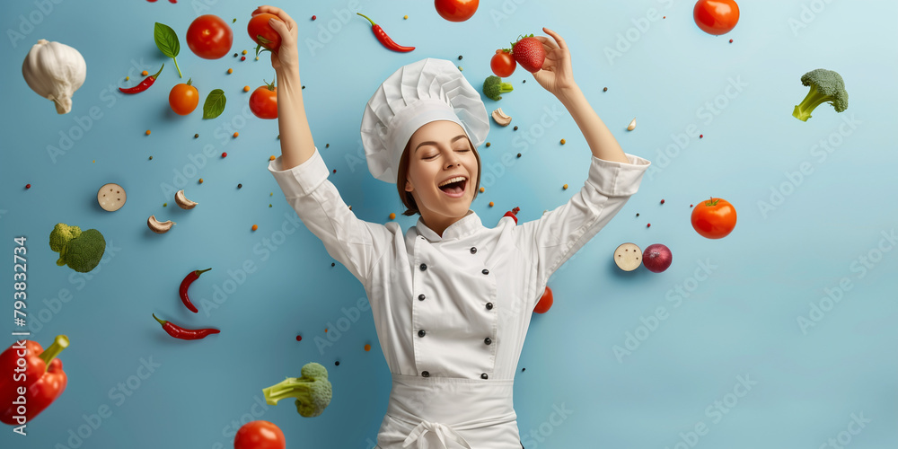 Fototapeta premium A dynamic scene capturing a female cook skillfully chopping vegetables in mid-air, showcasing culinary expertise and precision. The vibrant colors and motion convey a sense of energy and excitement