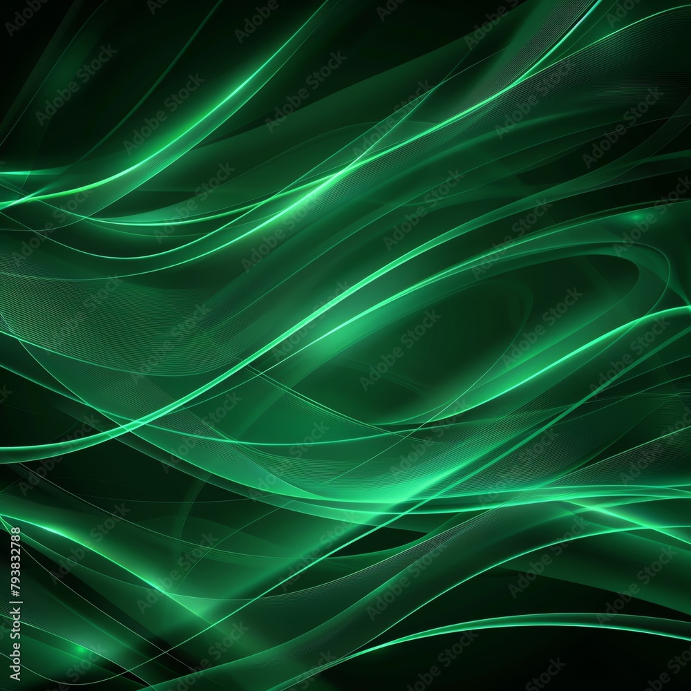 A green background with light effects, smooth lines and curves, high resolution, complex details, dark background, light tones, soft edges, light glowing effect, and a hint of glow It has an abstract
