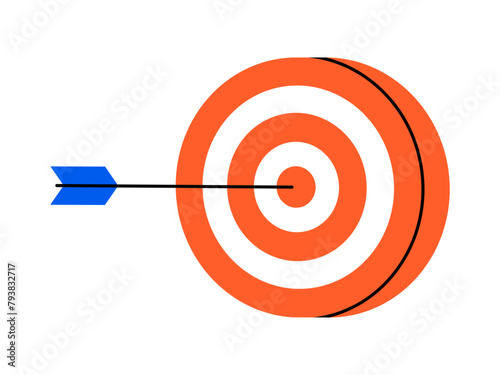 Hand drawn cute illustration of arrow hit center of target. Flat vector hit the bull's eye in doodle style. Successful business strategy icon. Goal achievement. Find problem solution. Isolated.