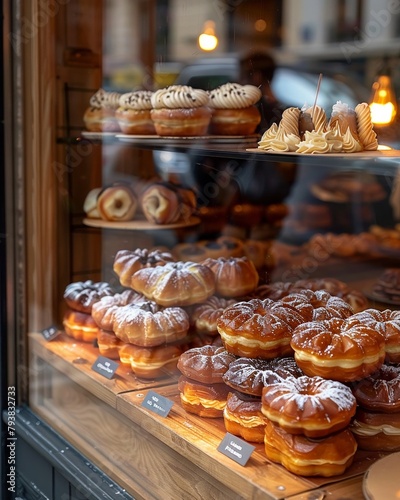 Morning setup of a Parisianinspired cafA , cronut A clairs featured prominently in the display window, enticing passersby , up32K HD photo