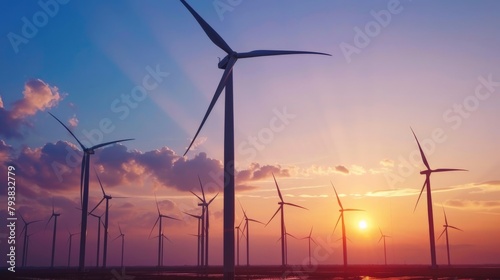 A wind farm at sunset, the turbines standing tall against the vibrant sky, symbolizing the harmony between technological advancement and environmental preservation.