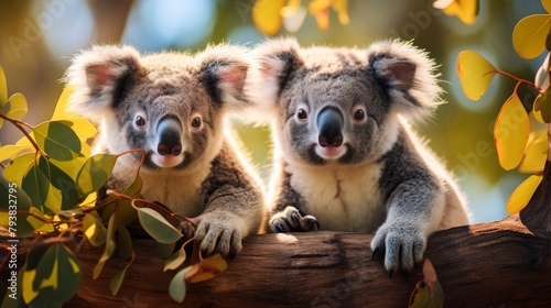 Two koalas peacefully seated on a tree branch in a serene setting