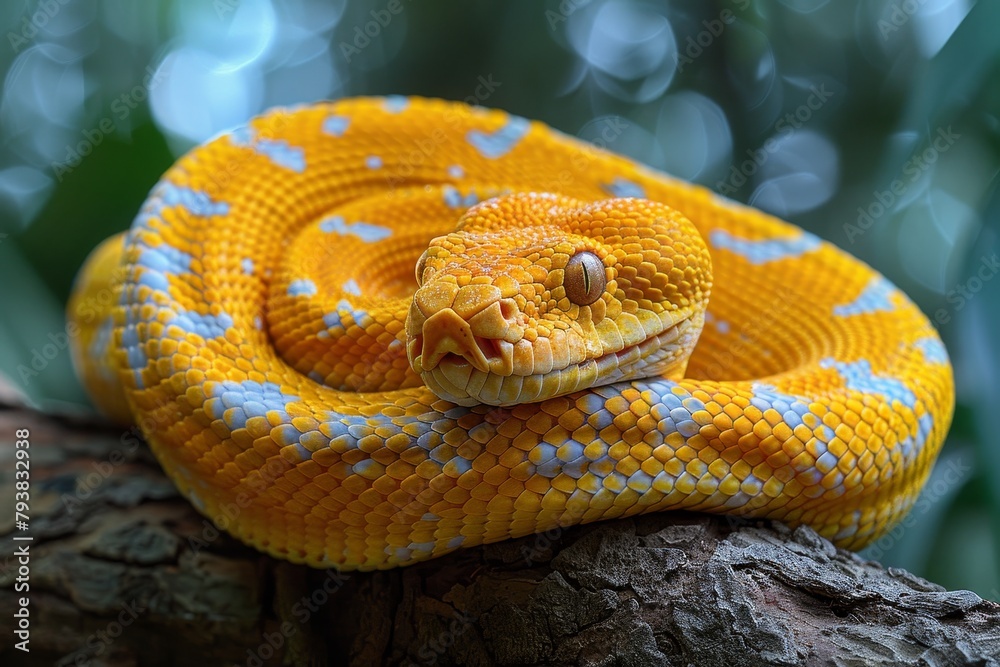 Fototapeta premium Burmese Python: Coiled around a tree branch with a distinctive pattern, representing exoticism.
