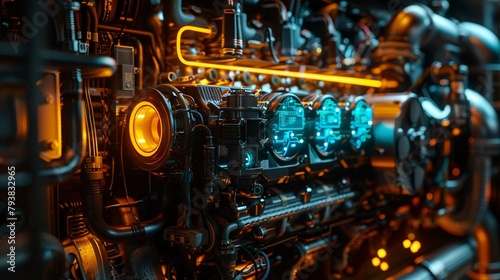 Closeup of a cyberpunk buss engine, showcasing advanced technology and cybernetic enhancements, glowing elements and intricate wiring , professional color grading