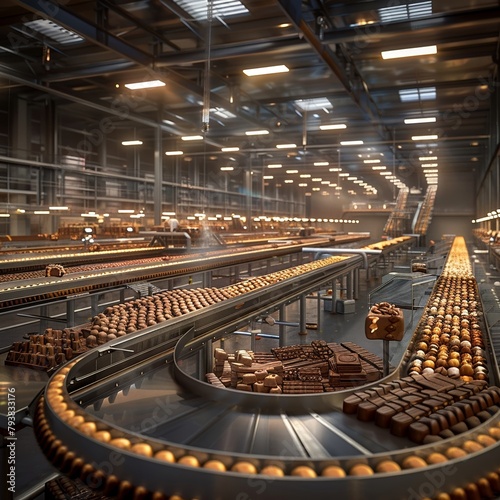 Interior of a largescale chocolate factory, vast conveyor belts transporting assorted chocolates, bustling with activity, industrial lighting , hyper realistic