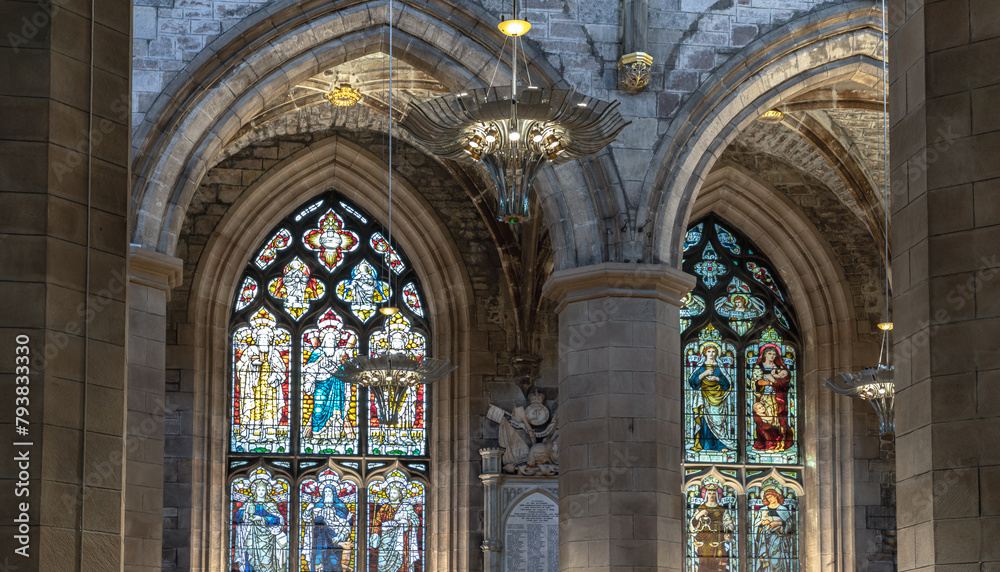 Picturesque interior view of The thistle chapel in St Giles' Cathedral or the High Kirk. The most important place of worship in the Edinburgh, Space for text, Selective focus.