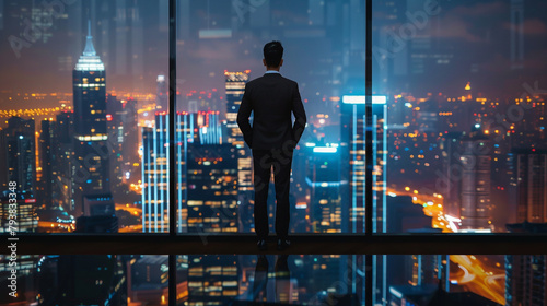 Buisnessman wearing black suit in office at night, cityscape