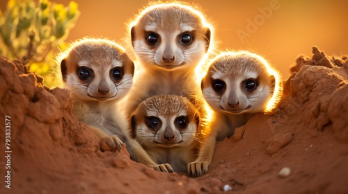 A group of meerkats standing together in the dusty ground, looking alert and curious