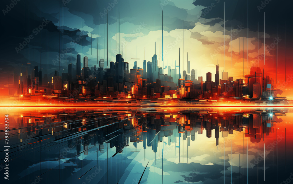 Vibrant cityscape reflection in water. Generative AI