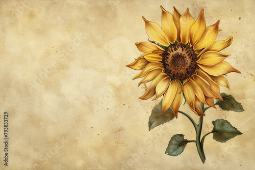 Vintage botanical illustration of a sunflower in watercolor style. Generative AI. Isolated sunflower on a vintage paper background. Copy space.
