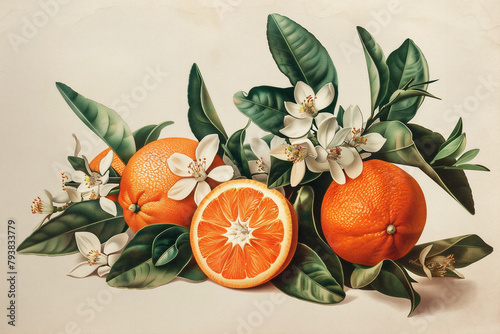 Vintage botanical illustration of a orange branch in watercolor style. Generative AI. Isolated orange tree branch on a vintage paper background. Copy space.