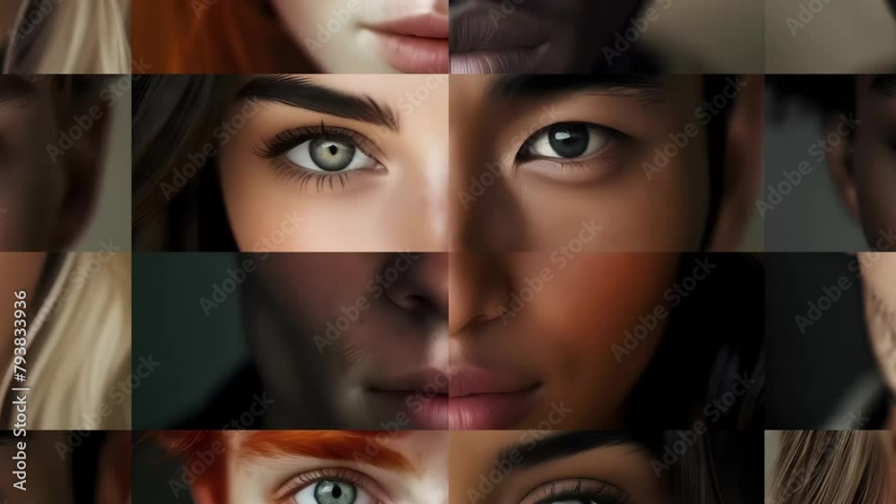 Human male faces composition timelapse. Diversity and uniqueness concept. Close up on faces looking into the camera