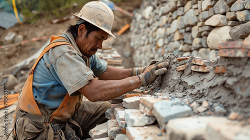 Worker or mason hands laying bricks. Bricklayer works at brick row. Brickwork on construction site photo