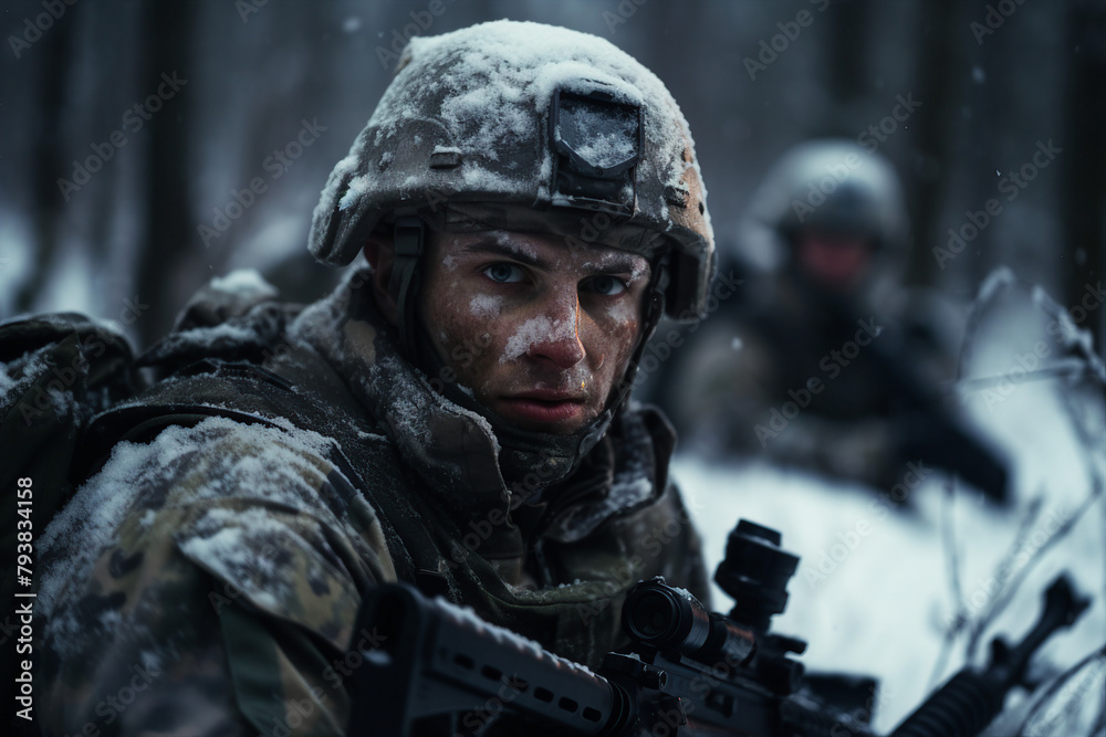 Fototapeta premium Image of courageous brave young soldier during military operation created with generative AI technology