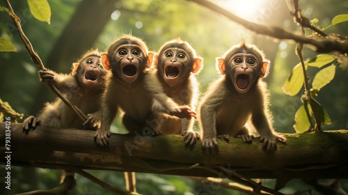 A lively group of monkeys perched on a tree branch  gazing out at the world