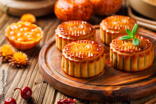 Traditional Chinese  dessert. Homemade baked mooncakes filled with nuts and dried fruits, Chinese Mid-Autumn Festival food.