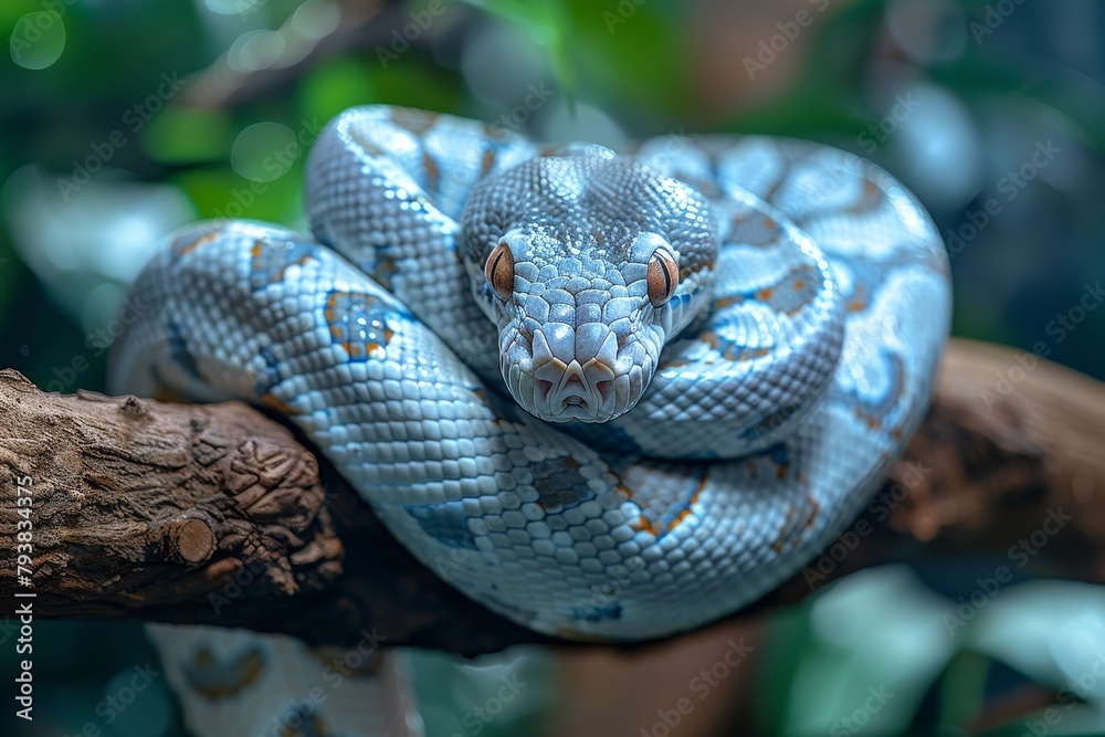 Burmese Python: Coiled around a tree branch with a distinctive pattern, representing exoticism.
