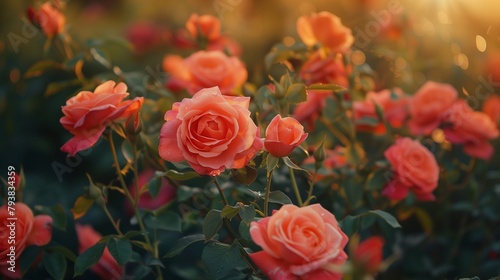 Vibrant Floribunda roses swaying gently in a summer breeze.