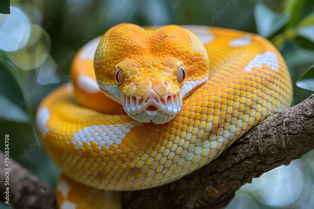 Fototapeta premium Burmese Python: Coiled around a tree branch with a distinctive pattern, representing exoticism.