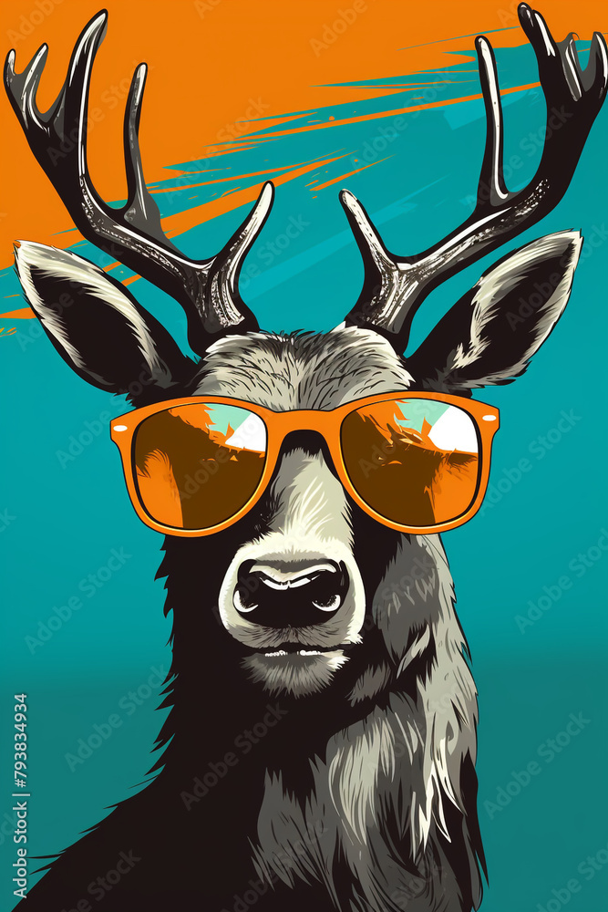 Reindeer with sunglasses in a pub, pop art, flat colors сreated with Generative Ai