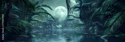 A serene swamp with a full moon in the background creating a peaceful and enchanting night landscape A mystical swamp bathed in moonlight.  photo