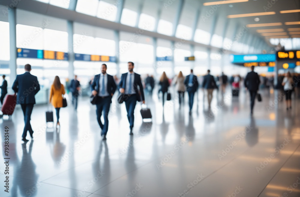 defocused image of people rushing on business at the airport, out of focus, blurred background, city bustle atmosphere