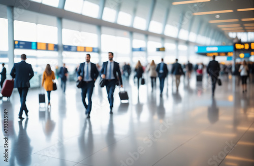 defocused image of people rushing on business at the airport, out of focus, blurred background, city bustle atmosphere © Sergey