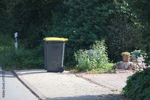 Large, dark plastic garbage cans with yellow lids sit on the side of the road ready for collection