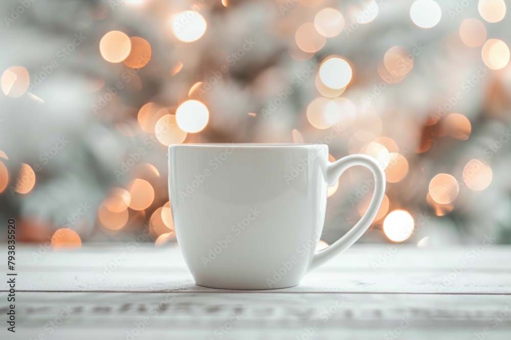 Cozy Winter Atmosphere with Warm Mug and Soft Bokeh Lights