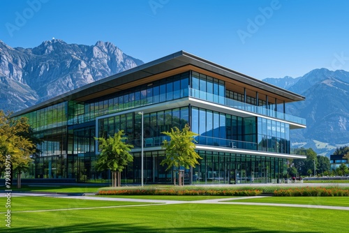 Modern buildings and lawns at the foot of the hill