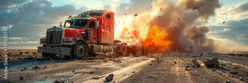 Truck amidst wreckage in accident scene photo