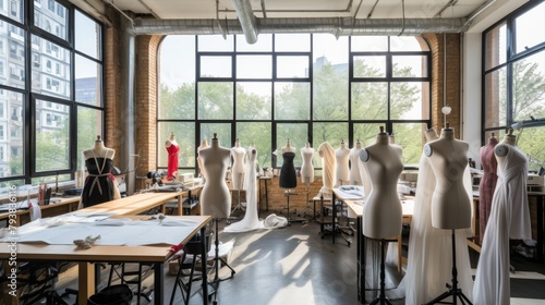 A room crammed with mannequins, standing by windows, creating an eerie ambiance photo