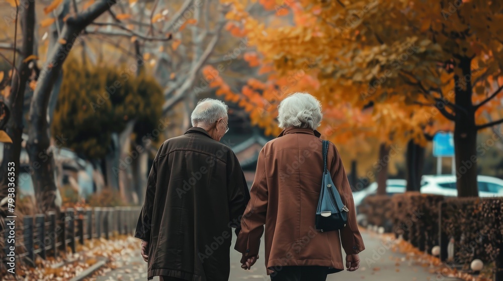 An elderly couple from different ethnicities holding hands while taking a walk, their faces telling a rich story of a life shared and cherished.