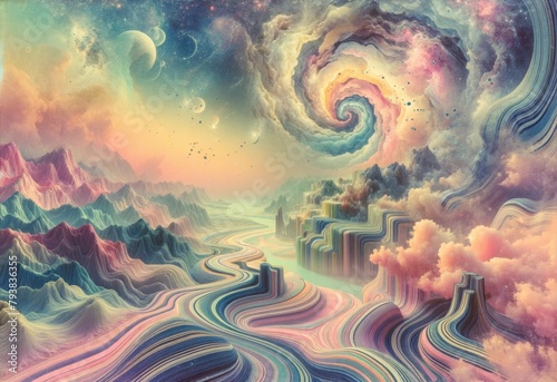 Surreal Journey Through a Mental Landscape Where Psychedelia and Nature Merge in Soft Pastels, Evoking a Dreamlike Tranquility in the Viewer's Mind. photo
