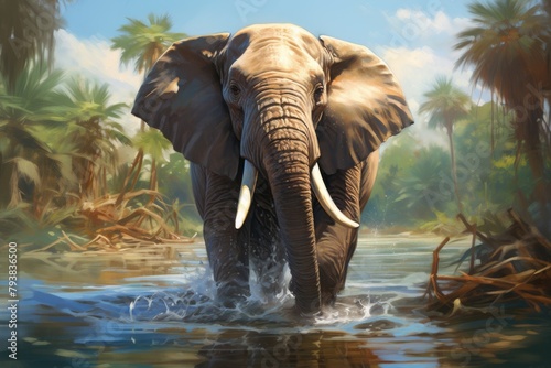 Elephant taking in water with trunk. An Elephant Walking Through Water with palms background