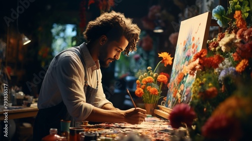 A man sits at a table, studying a painting attentively photo