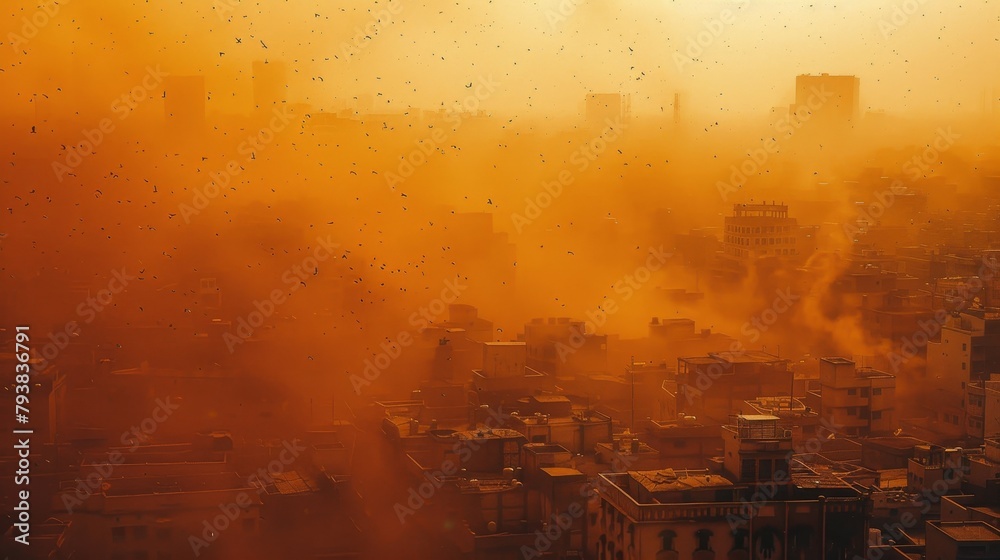 European cities are shrouded in orange sand petrels from the Sahara, creating a fantastic, surreal landscape. Natural disasters and global climate change  concept. Generative AI.