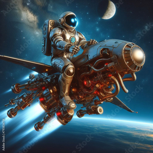 Robot as astronaut. Robot cyborg riding spaceship on space. spaceship in the Universe, spacecraft flying in deep space with stars in the background, UFO rear view, 3D rendering