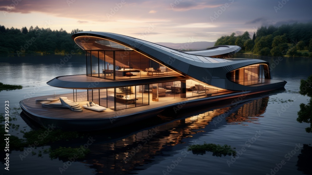 A house boat peacefully floats on a tranquil body of water