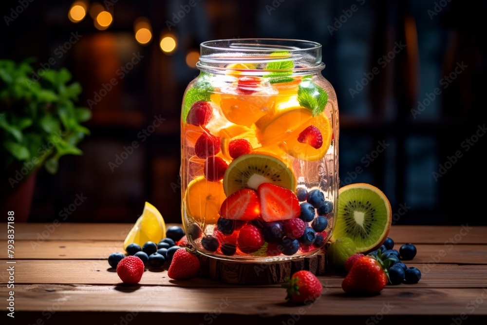 Different fruits in jar cocktail on wooden table. Fresh fruit salad with kiwi and orange in a jar Different fruits in jar cocktail on wooden table. Fresh fruit salad with kiwi and orange in a jar