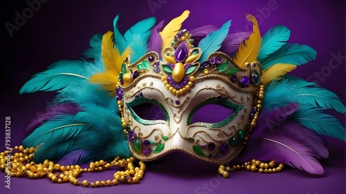 Bright Mardi Gras mask decorated with feathers and beads on a background; ideal for funfair, Mardi Gras, celebration, party and theme-related ideas.