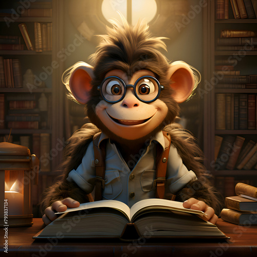 Monkey reading a book in the library. 3d illustration. photo