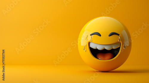 Laughing Tears Emoji An emoji with tears of joy streaming down its face and a big smile indicating uncontrollable laughter and sheer delight in response to something funny. photo