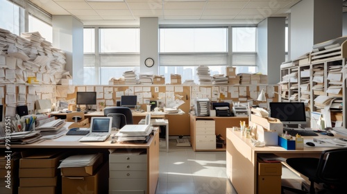 A room filled with clutter and boxes stacked high, creating a sense of overwhelming disarray photo