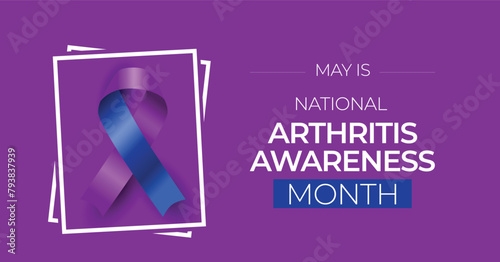 National arthritis awareness month campaign banner. Observed in May. Featuring purple and blue ribbon.