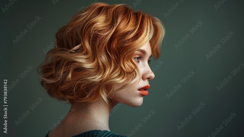 trendy women's hair styling blonde large curls. peach fuzz color, girl in profile with professional hair styling, back view trendy women's hair styling blonde large curls. peach fuzz color, girl in profile with professional hair styling, back view